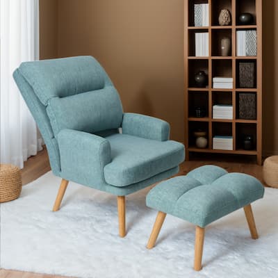 Modern Lounge Chair with Ottoman Set, Wood Legs and Adjustable Backrest