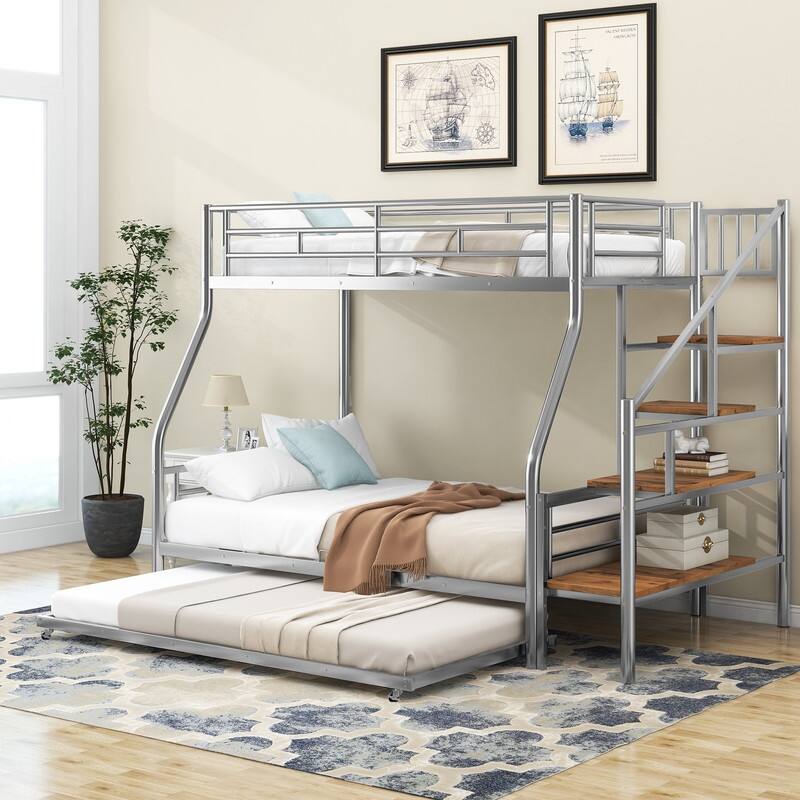 Twin over Full Size Metal Bunk Bed with Trundle and Storage Staircase