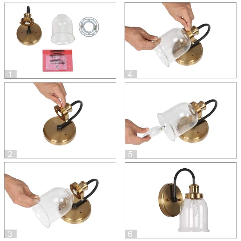 Modern 1-Light Black Gold Wall Sconces Bell Seeded Glass Bathroom Vanity Lighting - 4.7" L x 7" W x 9" H