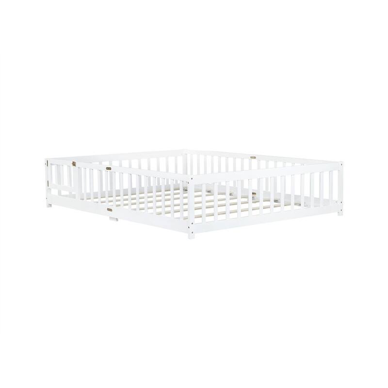 Twin/Full/Queen Size Floor Bed with Fence Guardrails and Door, Rubber Wood Toddler Bed Montessori Bed with Slats Support