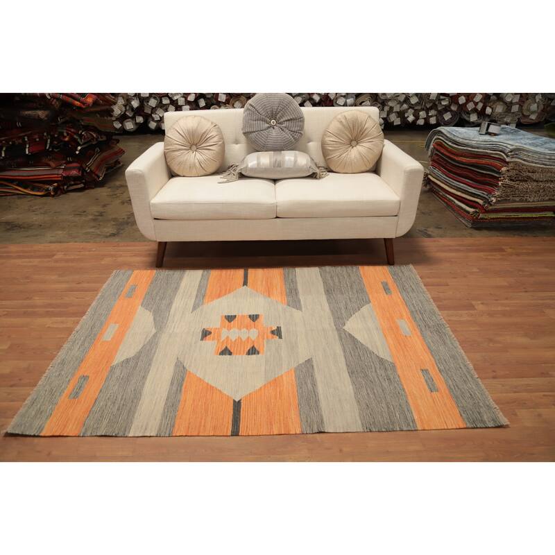 Hand Woven Oriental 100% Wool Carpet Southwestern Tribal Greys & Charcoal Kilim Area Rug - 5' 10'' X 4' 1''