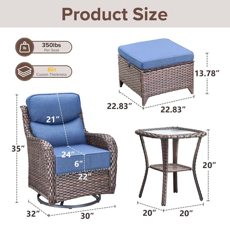 Gymojoy 5-Piece Patio Swivel Glider Chair Ottoman Set with Side Table, 6-Inch Ultra-Plush Cushions