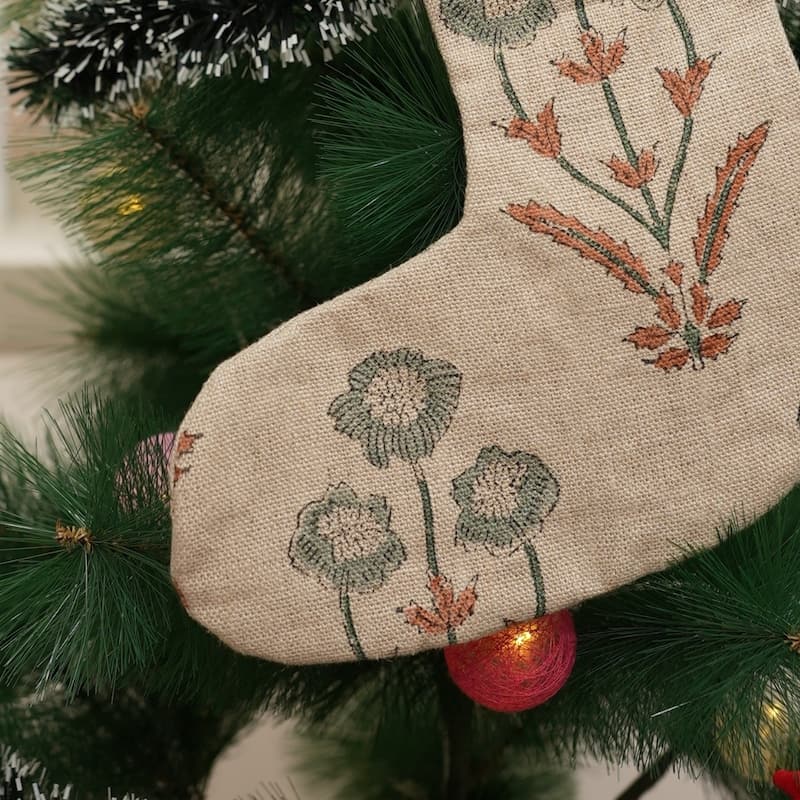 Fabdivine Hand Block Floral Print Christmas Knit Stockings, Home Decorative Gift Use - 16"X6.5" - Amitabh- Grey, Brown - Christmas Stockings