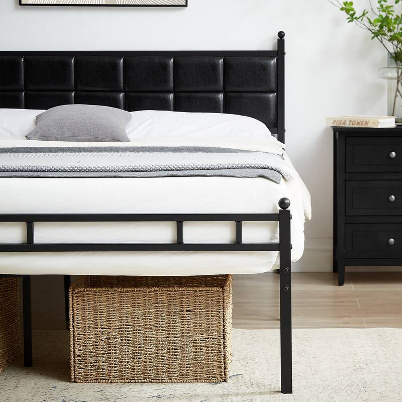 Javlergo Metal Platform Bed Frame with Faux Leather Headboard, Twin/Full/Queen, No Box Spring Needed