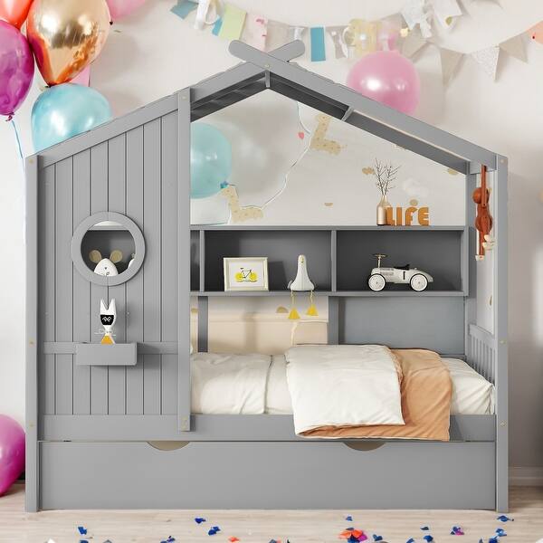 slide 2 of 18, Modern Twin Size Wooden House Bed With Trundle With Storage Shlef For Kids Grey