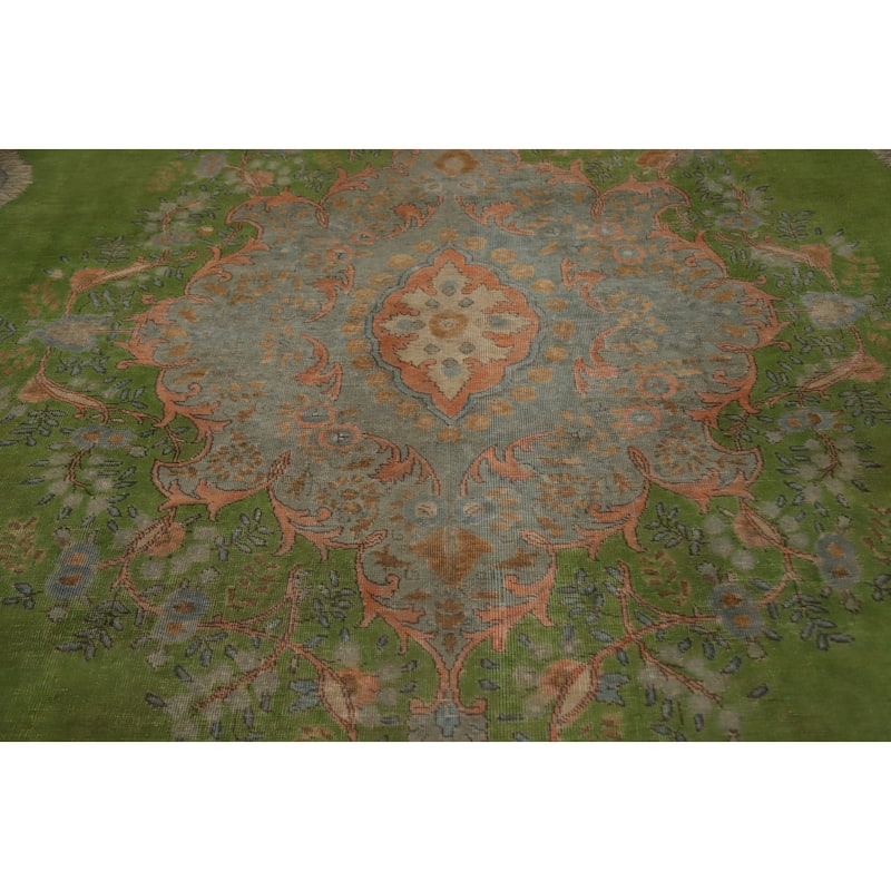 Hand Knotted Oriental 100% Wool Carpet Traditional Floral Green Tabriz Area Rug - 12' 10'' X 10' 0''