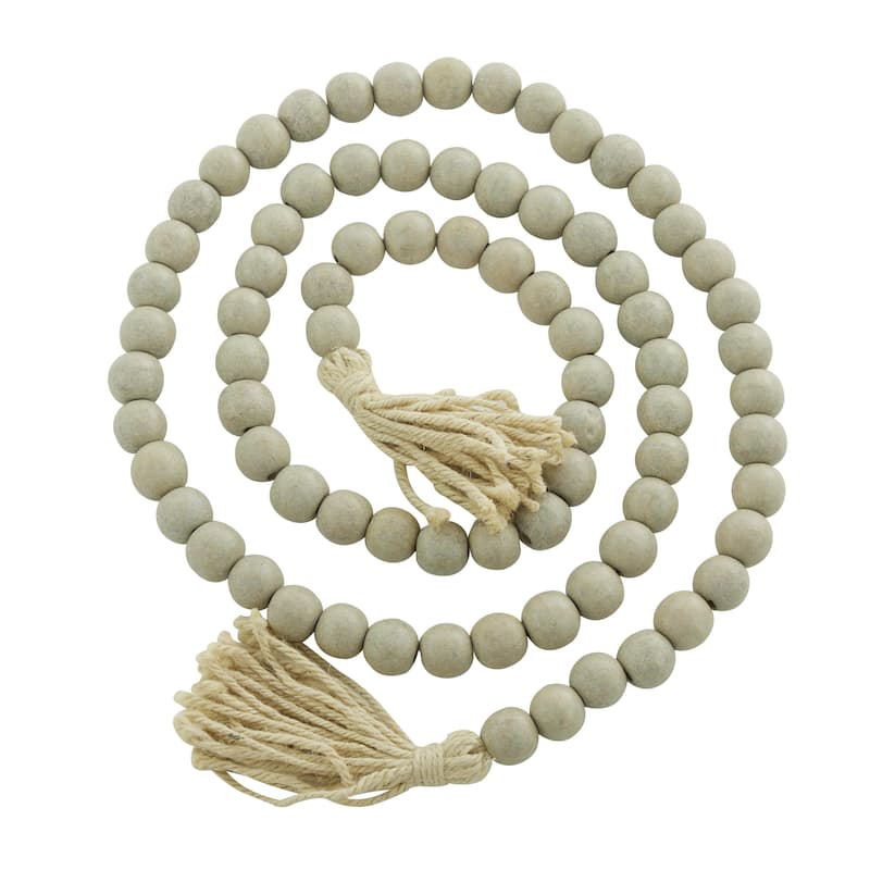Mango Wood Handmade Round Long Carved Beaded Garland with Tassel - Roche River Decor - Gray - 80"L
