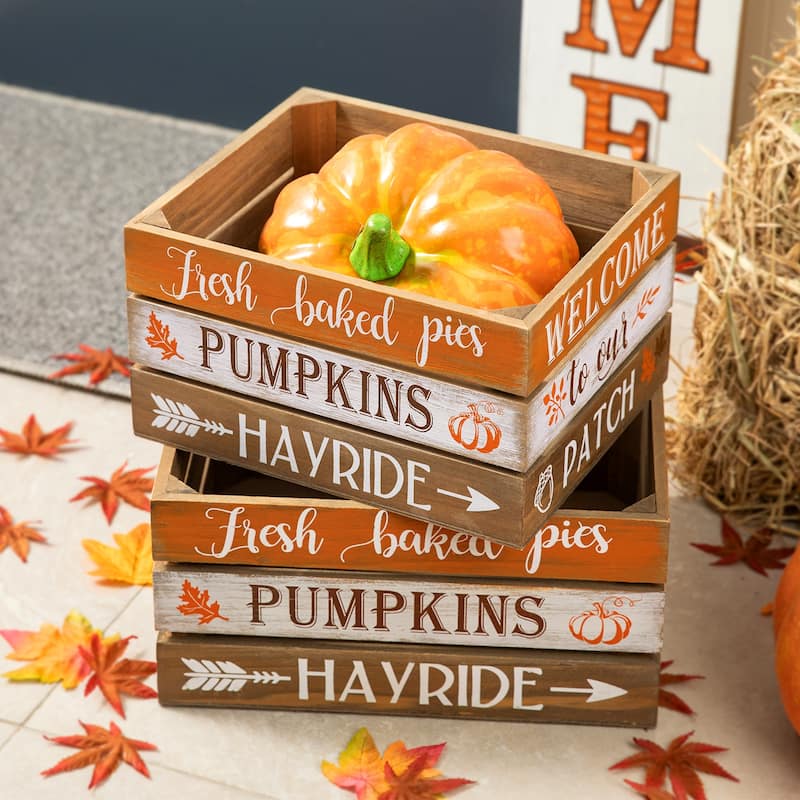 Glitzhome Set of 2 Fall Harvest Wood Crate Farmhouse Autumn Decorative Storage Gift Boxes Porch Decor