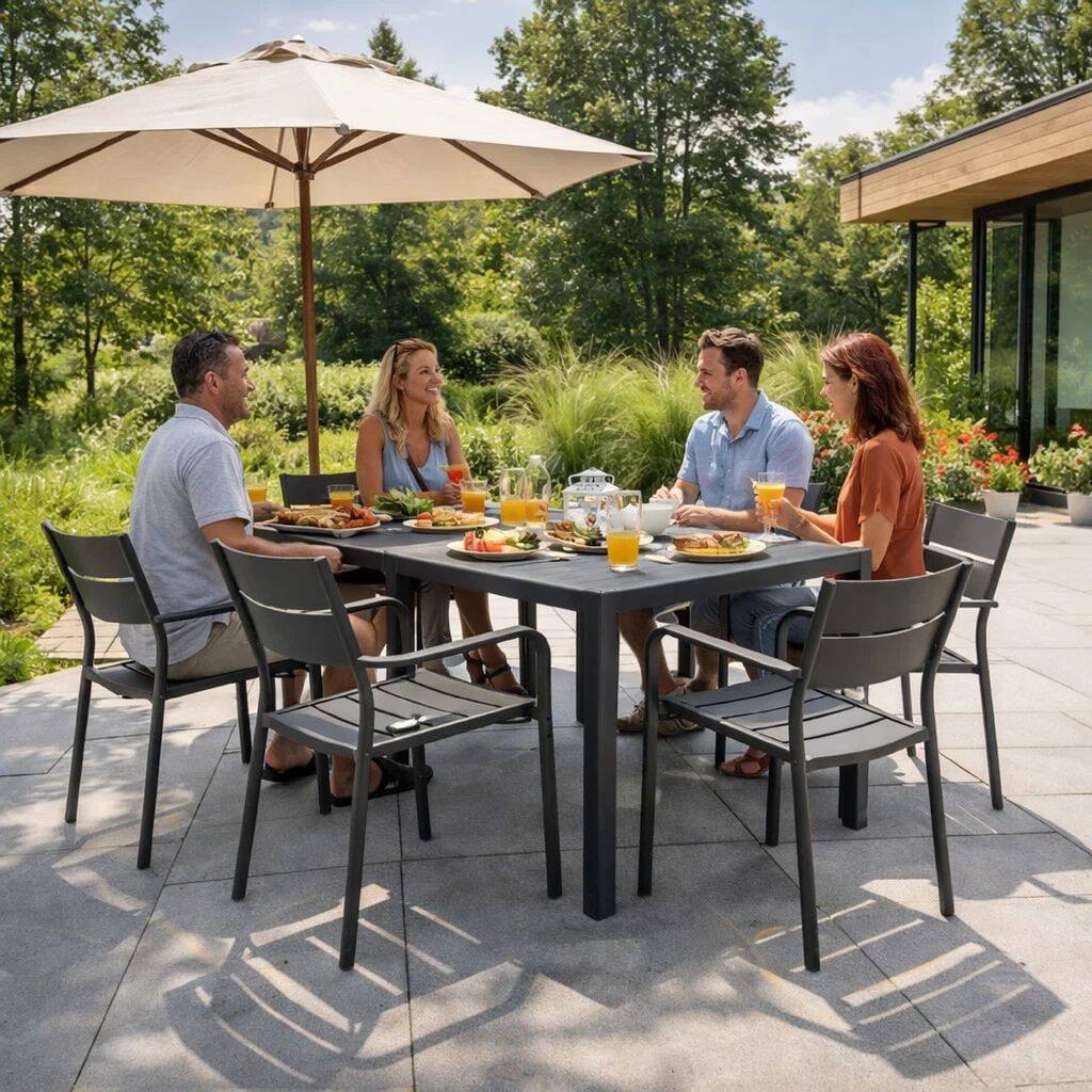 Meta 7 Piece Outdoor Dining Table, Chairs Set, Gray, Plank Seats and Backs