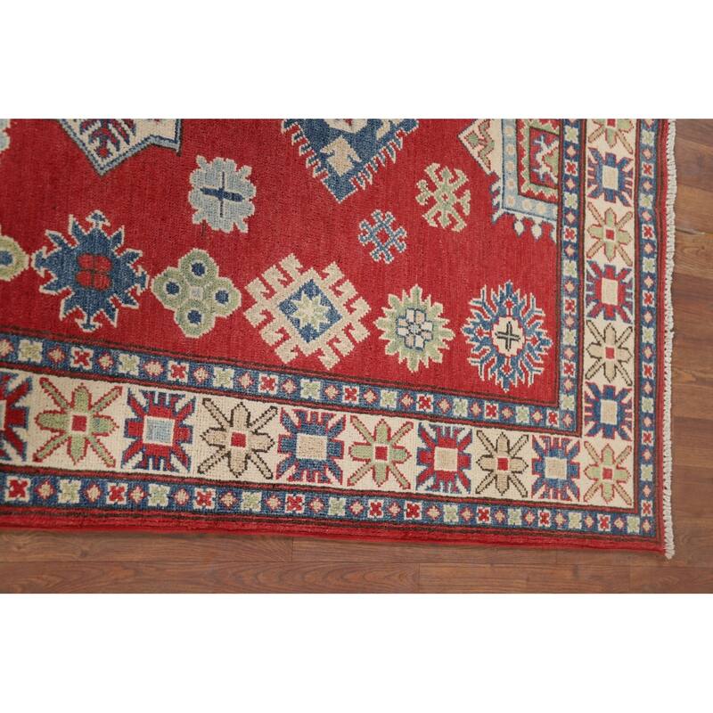 Red Geometric Kazak Oriental Accent Rug Hand-Knotted Wool Carpet - 3'11" x 6'3"