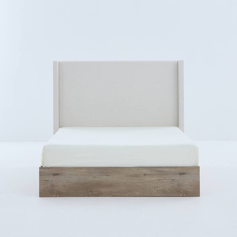 Shelton Upholstered Wingback Bed / 54" High Headboard / Wood Base / Rustic / Modern Farmhouse / Neutral / Scandinavian, Queen