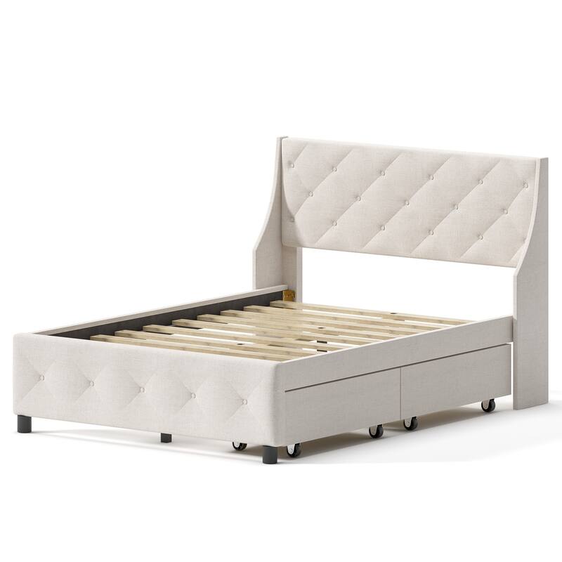Queen Size Metal Platform Bed with Storage Headboard, Silent Mattress Foundation, No Box Spring Needed
