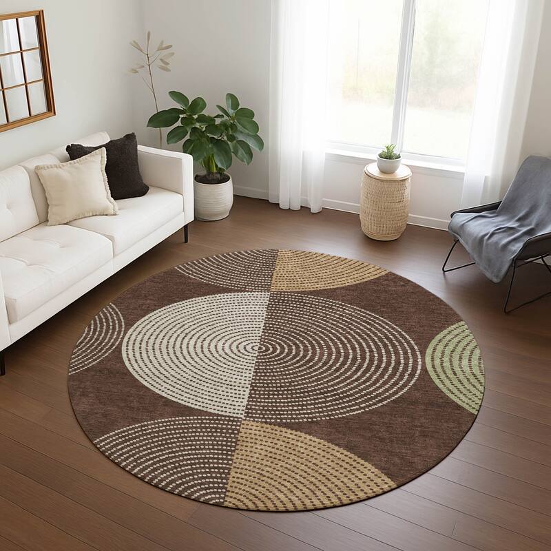 Machine Washable Indoor/ Outdoor Casual Circles Chantille Rug