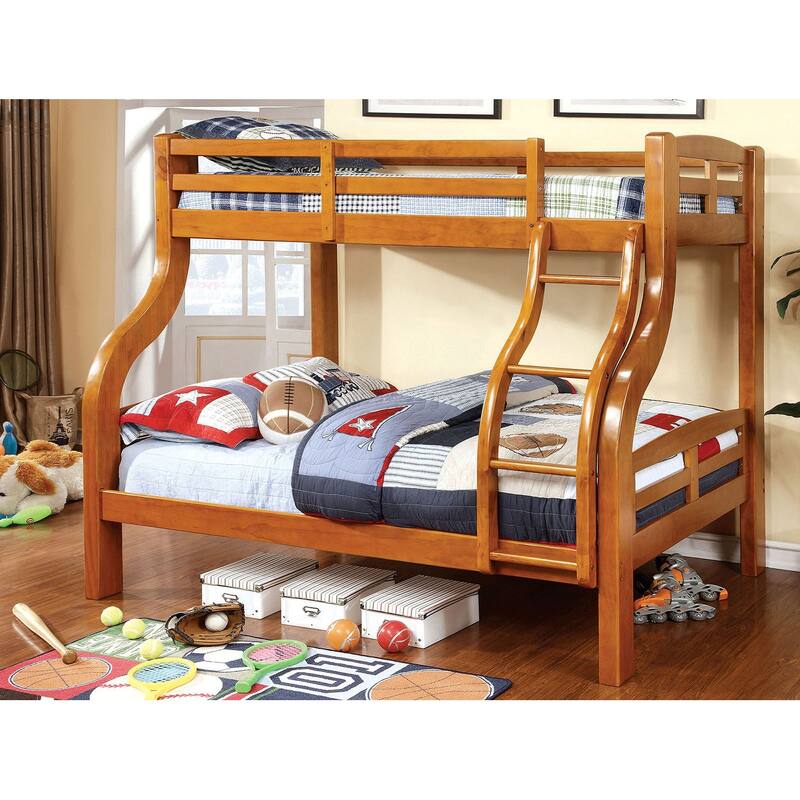 Curved Wood Design Twin Over Full Bunk Bed with Angled Ladder - Oak