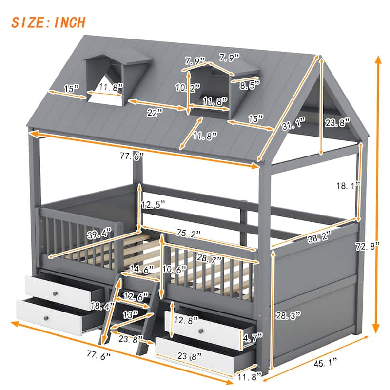 Twin/Full Size Wooden House Bed Frame with Skylight Roof, Drawers, Shelves and Ladder