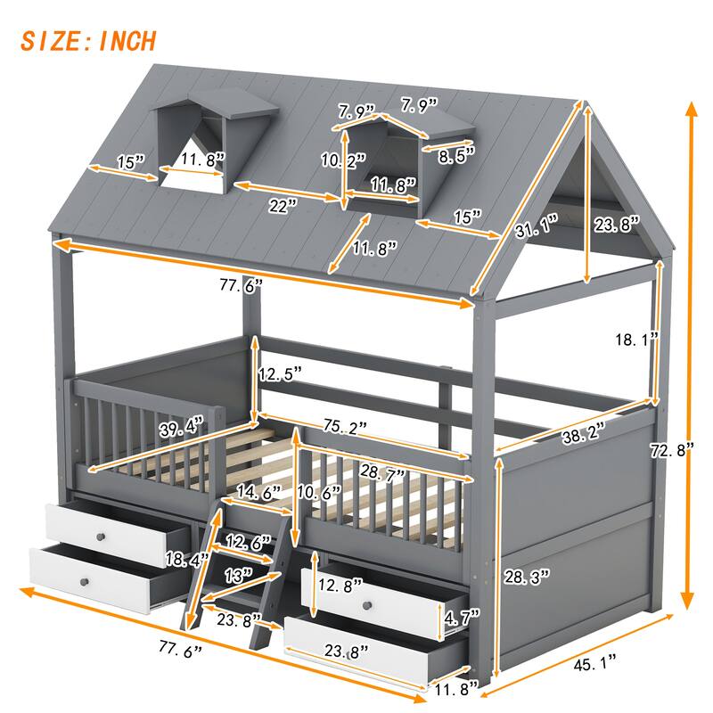 Twin Size Wood Bed House Bed Frame, 77.6''L x 42.3'' W x72.9'' H