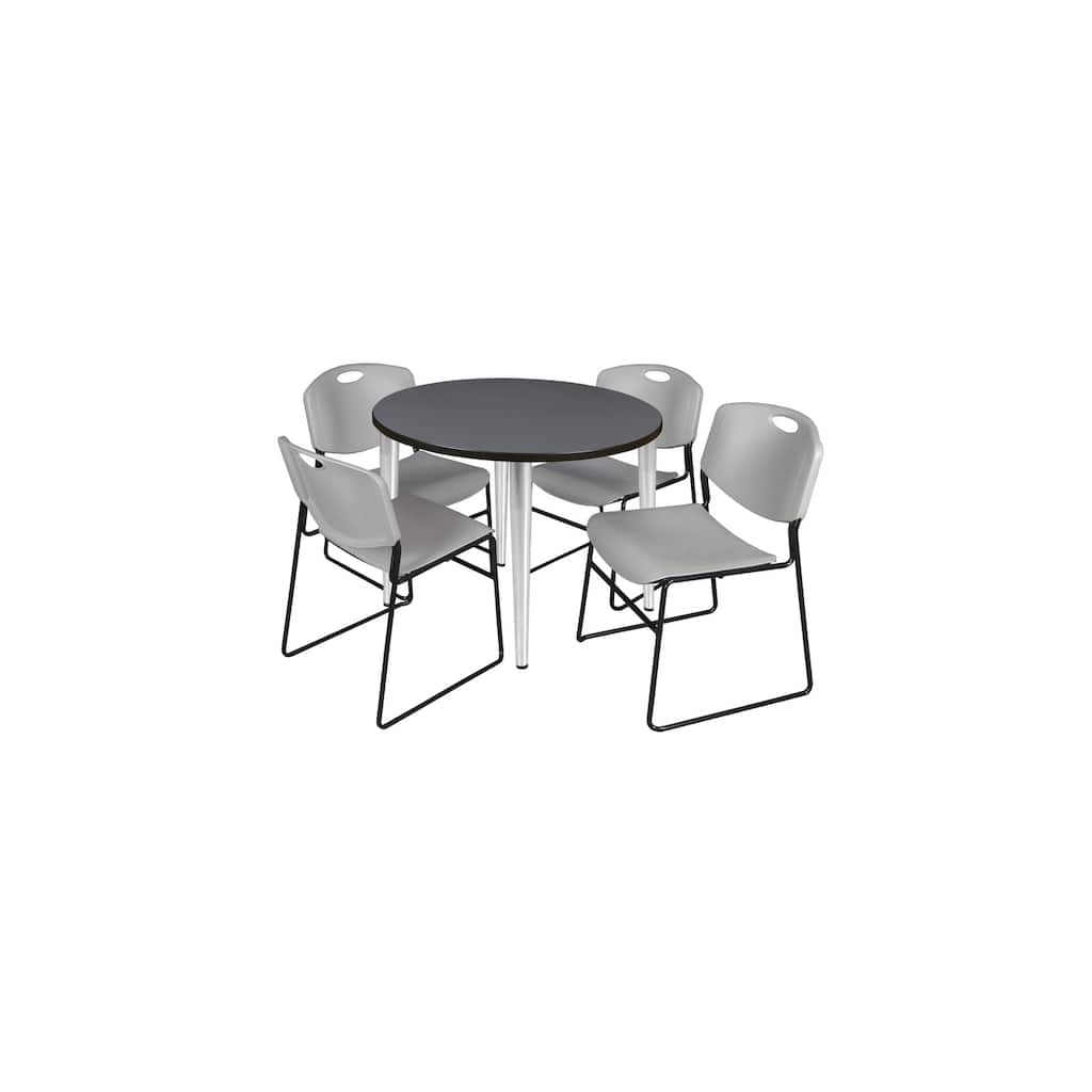36 in. Round Breakroom Table- Grey Top, Chrome Base & 4 Stack Chairs- Grey
