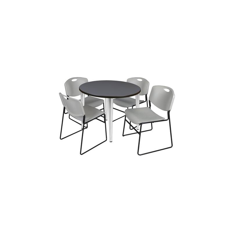 36 in. Round Breakroom Table- Grey Top, Chrome Base & 4 Stack Chairs- Grey