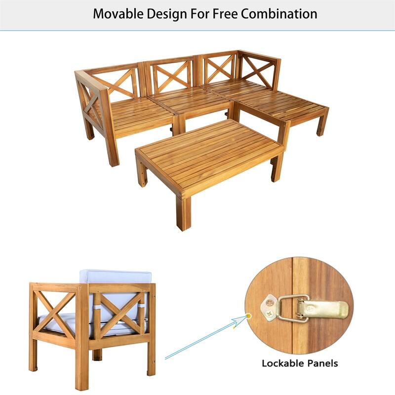 Outdoor Backyard Patio Wood 5-Piece Sectional Sofa Seating Group Set