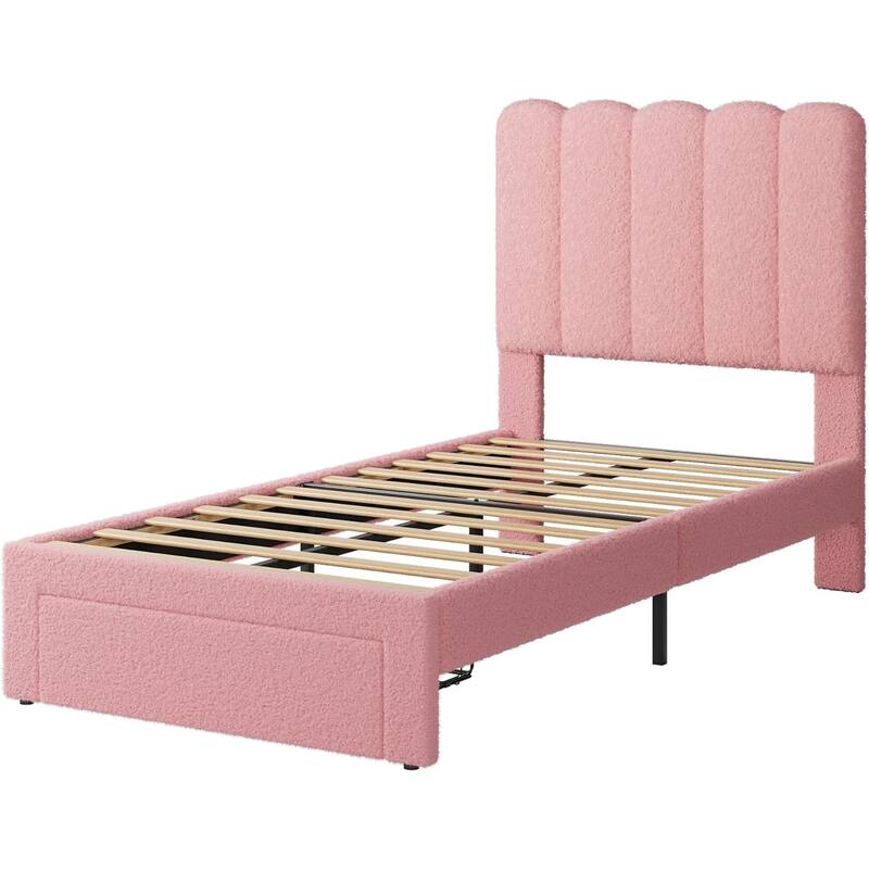 Twin Velvet Upholstered Platform Bed Frame with Wave Headboard & Drawer, No Box Spring Needed, Wood Slats, Noiseless
