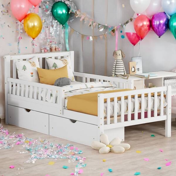 slide 2 of 18, Wooden Twin Size Platform Bed with 2-Drawers and Guardrails, White White