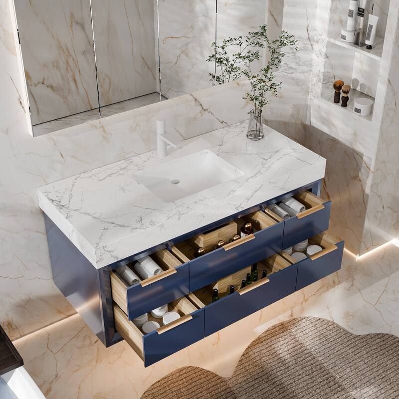 Modland 48" Modern Floating Bathroom Vanity with Single Sink, Soft-Close Drawers, White Stone Countertop