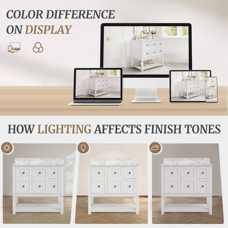 48" Bathroom Vanity with Sink, Marble Countertop Single Bathroom Vanity with 6 Drawers, White