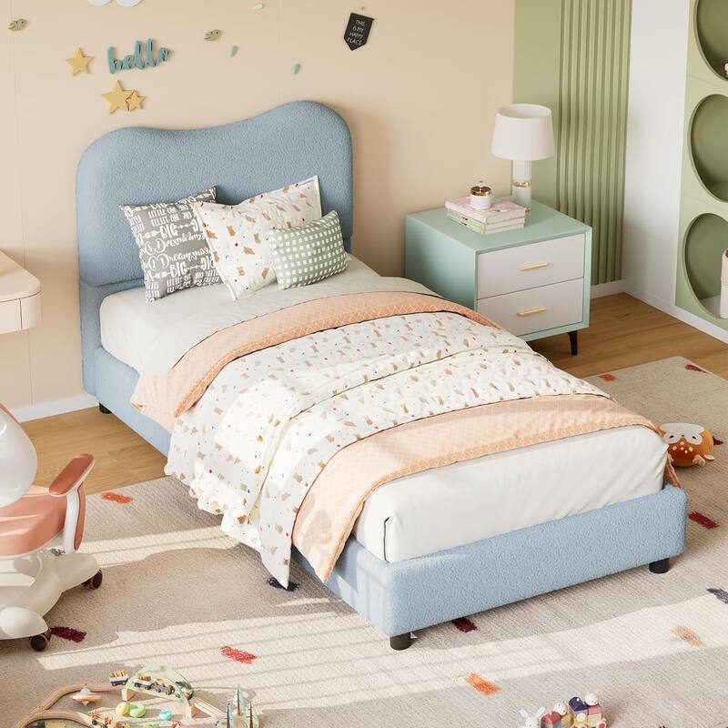 Kids Upholstered Platform Bed, Soft Boucle Fabric with Low Profile Frame & Wood Slats, Boys/Girls Bedroom