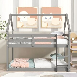 House Bunk Bed with Ladder, Wooden Twin Over Twin Bunkbeds Frame with Roof Design & Safety Guardrail for Kids,Teens,Girls,Boys