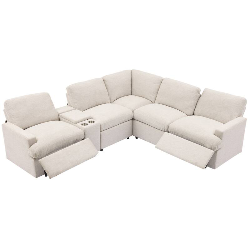 104" Linen Recliner Sectional Sofa (4-Seater) with Storage, USB & Cup Holders