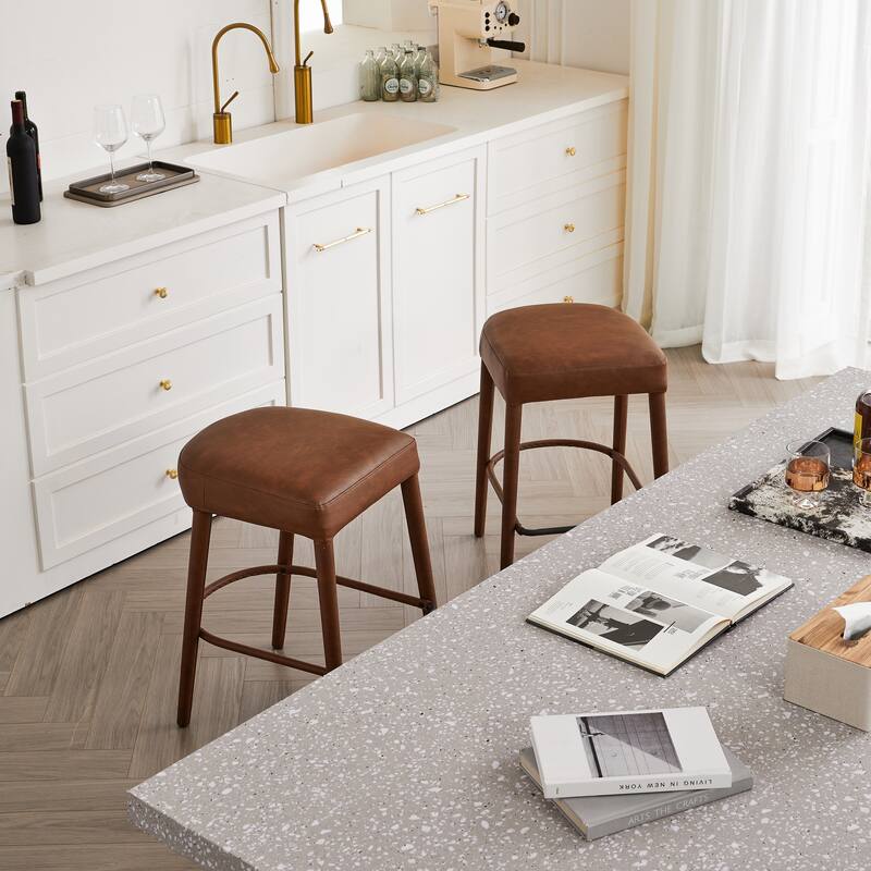 Rossetta 2-Piece Backless Cognac Understated Luxury Design PU Bar Stool Set with Integrated Metal Footrest