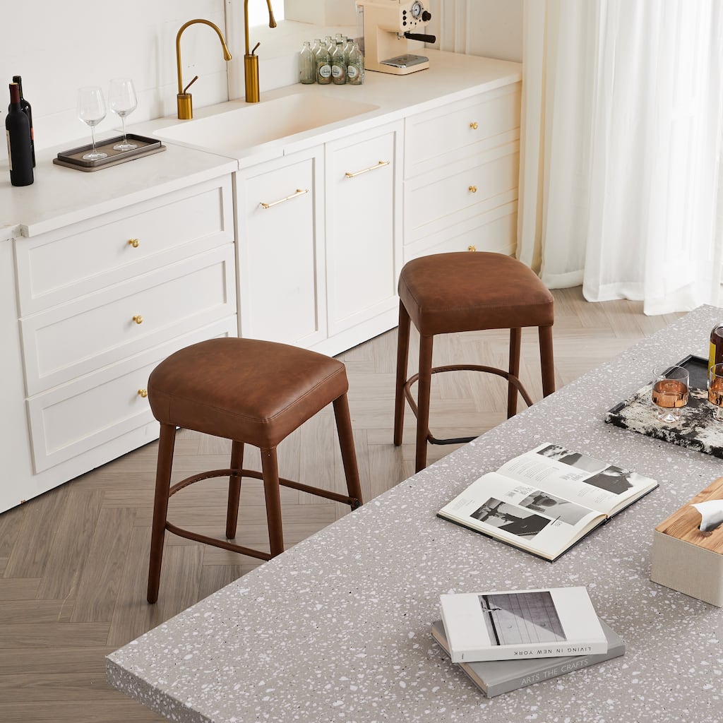 Rossetta 2-Piece Backless Cognac Understated Luxury Design PU Bar Stool Set with Integrated Metal Footrest