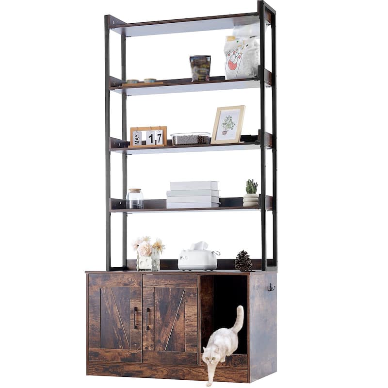 72.3-Inch Dark Brown Wooden Cat Litter Box Enclosure Furniture with 4 Shelves and Magnetic Door