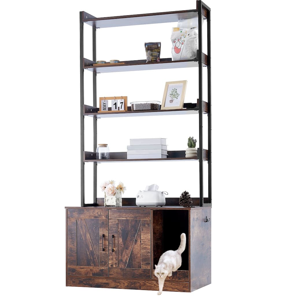 72.3-Inch Dark Brown Wooden Cat Litter Box Enclosure Furniture with 4 Shelves and Magnetic Door