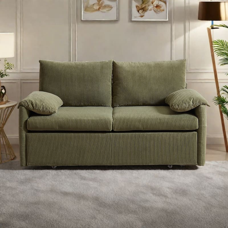 65" Corduroy 3-in-1 2-Seater Sleeper Sofa with Loveseat Side Storage Pocket, High-Density Sponge Cushions - Green