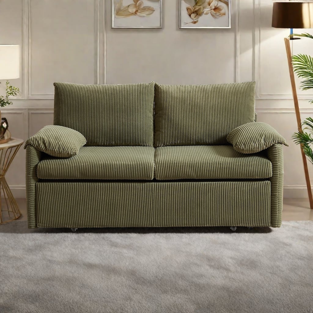 65" Corduroy 3-in-1 2-Seater Sleeper Sofa with Loveseat Side Storage Pocket, High-Density Sponge Cushions