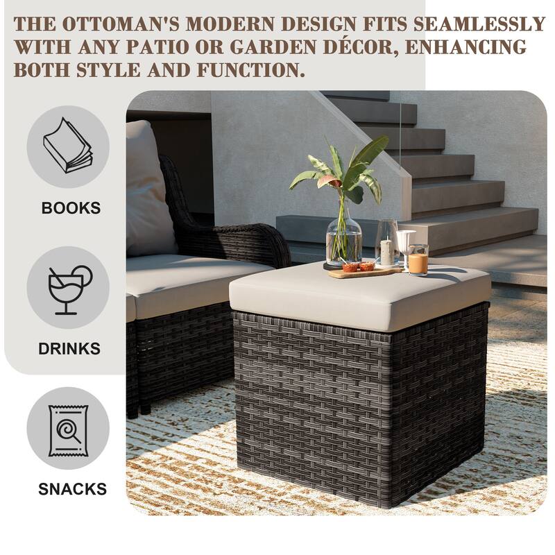 Outdoor Wicker Square Storage Ottoman with Plush Cushion