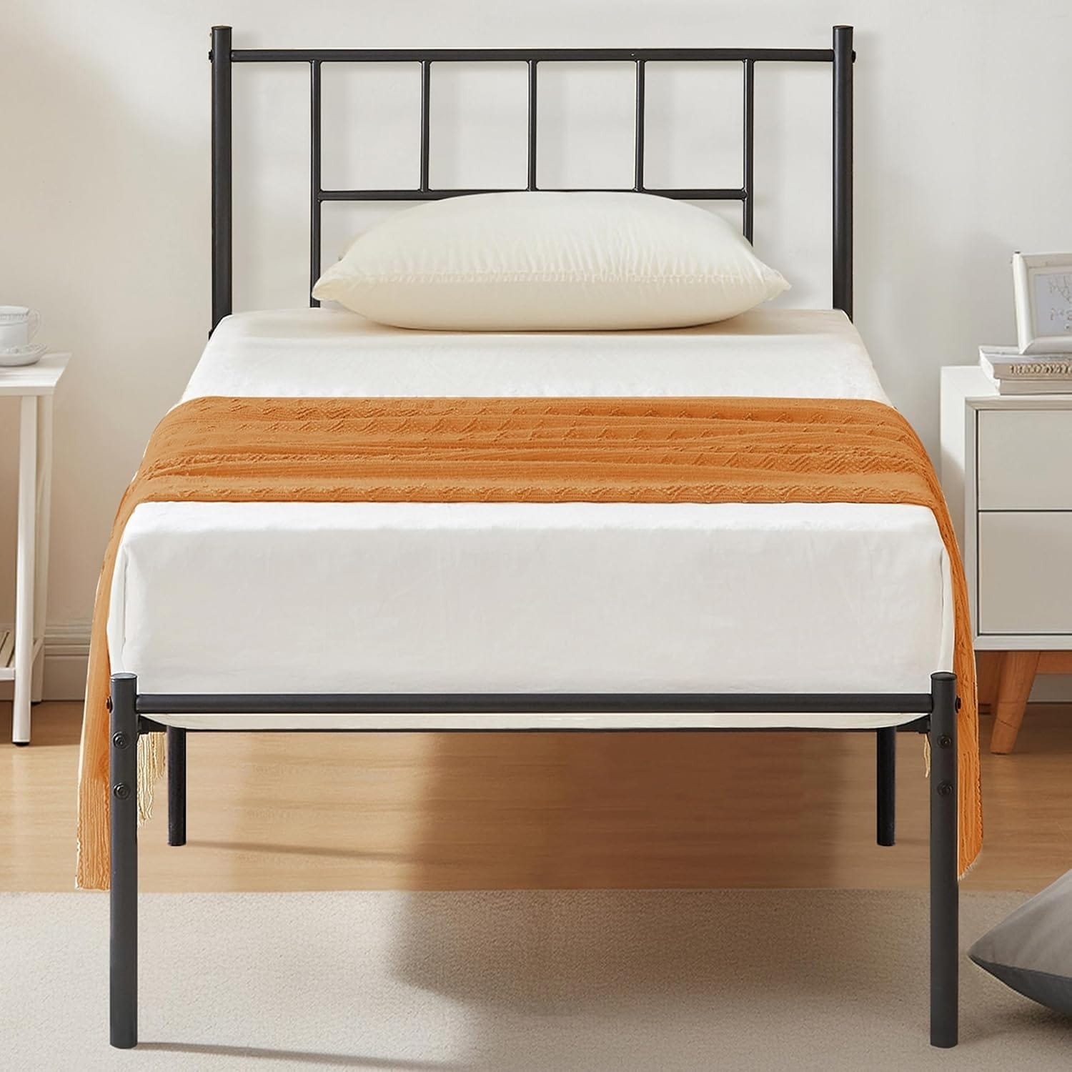 Twin Metal Platform Bed Frame with Headboard, Heavy Duty Steel Slats, Under Bed Storage, Noise-Free, Easy Assembly