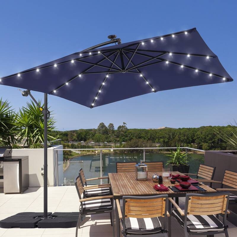 LIVOOSUN 8.2Ft LED Patio Umbrella,Outdoor Offset Market Umbrellas - Navy Blue
