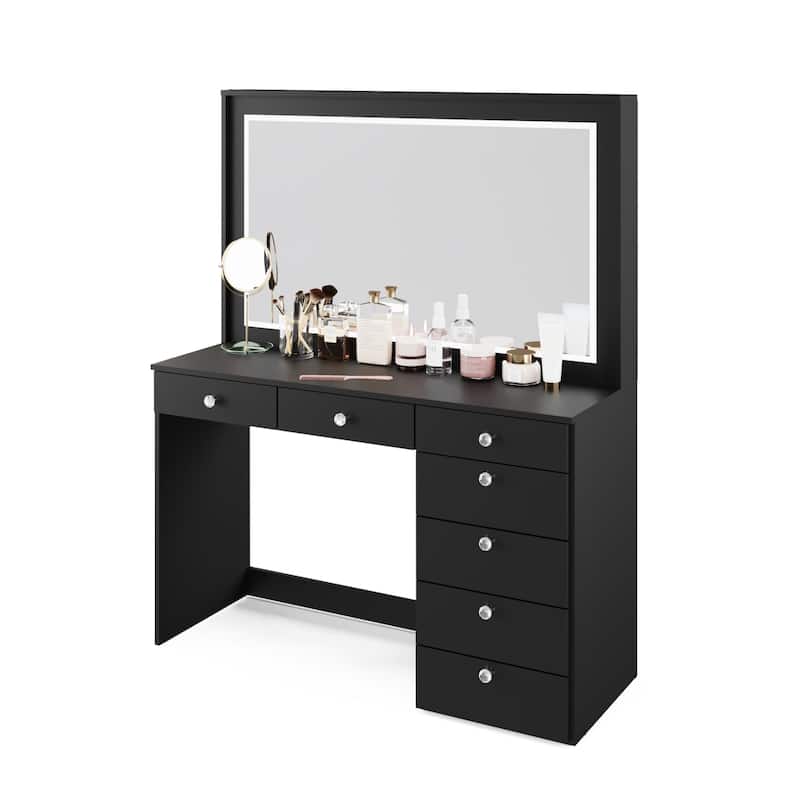Boahaus Vanity Desk, Crystal Knobs, LED Lights, 7 Drawers