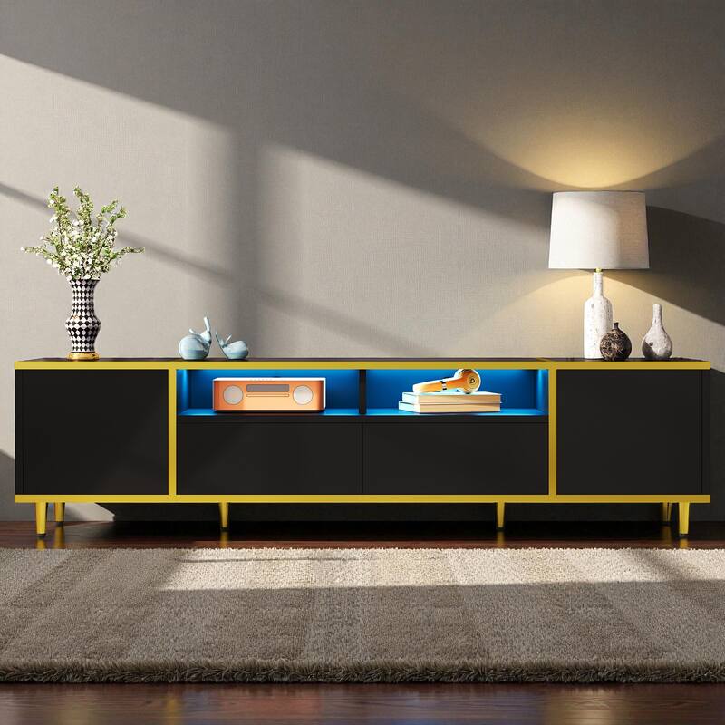 70.9'' Modern TV Stand for TVs up to 80'', Entertainment Center with LED Lights, 2 Cabinets, 2 Drawers & Metal Legs - Black