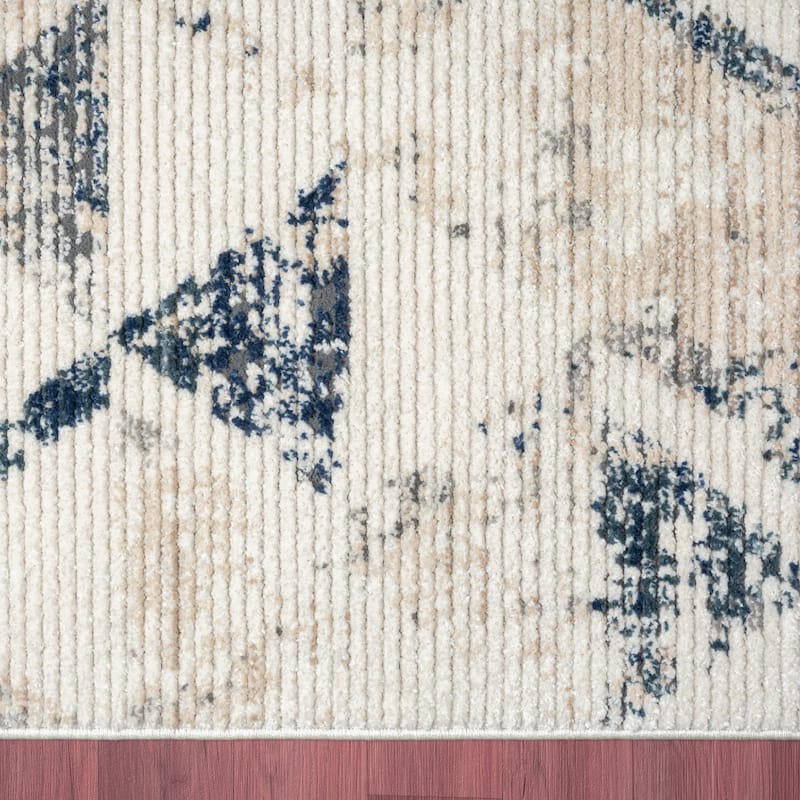 Sevita Contemporary Geometric High-Low Plush Polyester Blend Area Rug, Ivory/ Blue