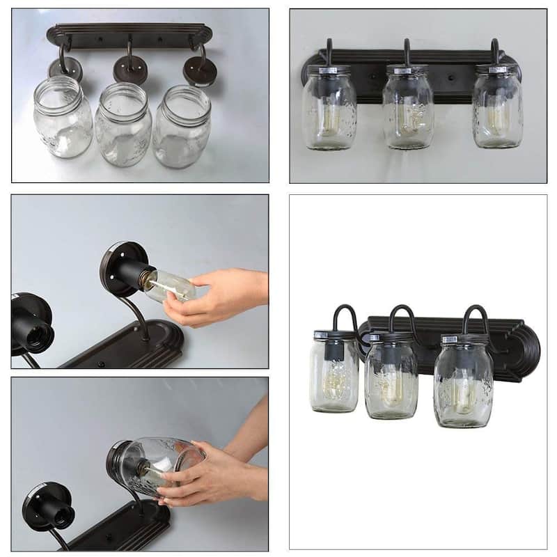 3 light vintage industrial wood glass jar wall sconce