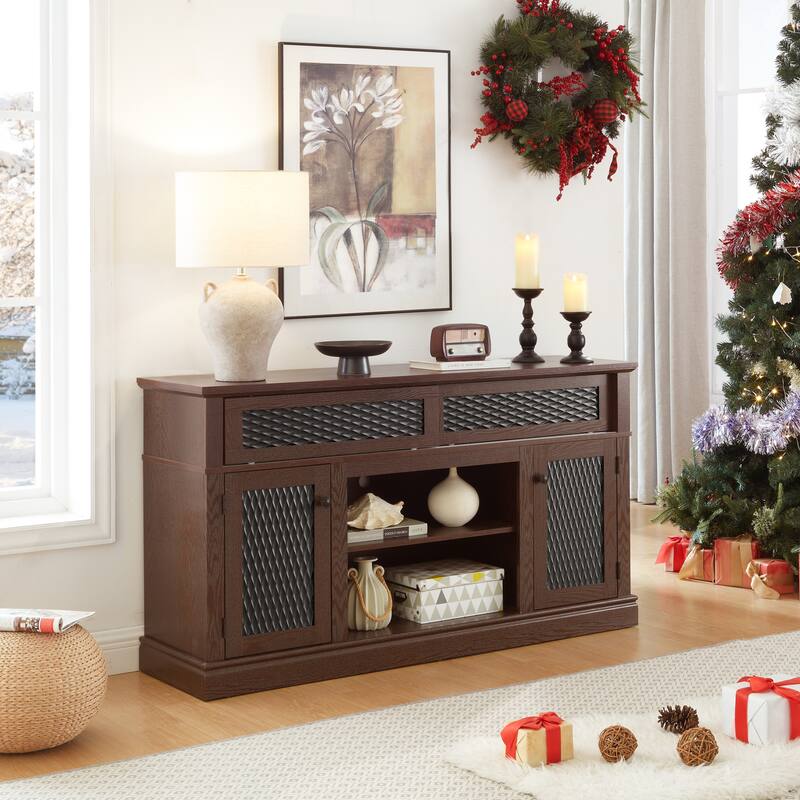Modern Embossed Pattern TV Stand with 2 Large Cabinets and Open Shelving, for Living Room and Bedroom, Dark Cherry
