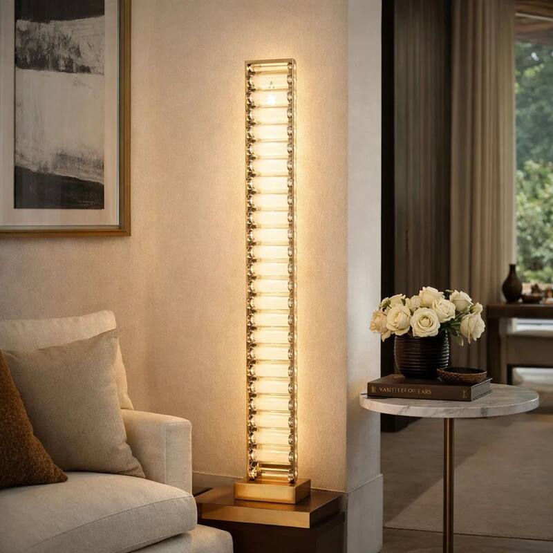 Lizy 24 Inch Tall, Thin Table Lamp, Crystal, LED Metal Frame, Antique Brass