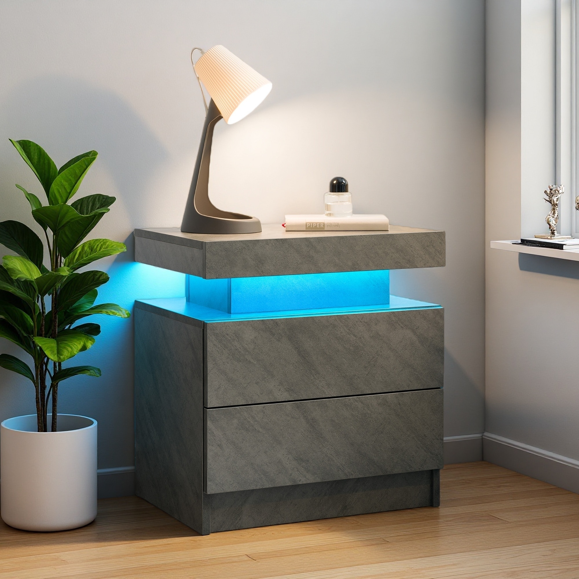 19.3"L LED Nightstand with 2 Drawers, Bedside Table End Side Table with Multi-Color Adjustable Lights for Bedroom & Living Room