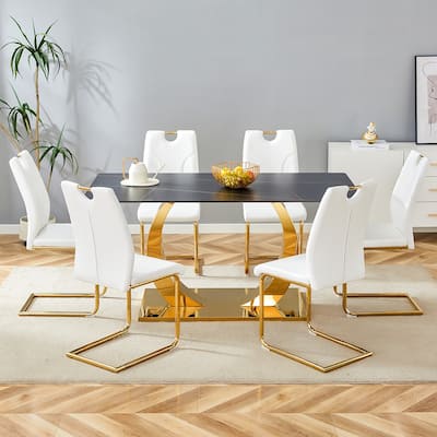 Rectangular Dining Table Set, 7 Piece Dining Table Set with Sintered Stone Dining Table and 6 Dining Chairs, O-Shaped Legs