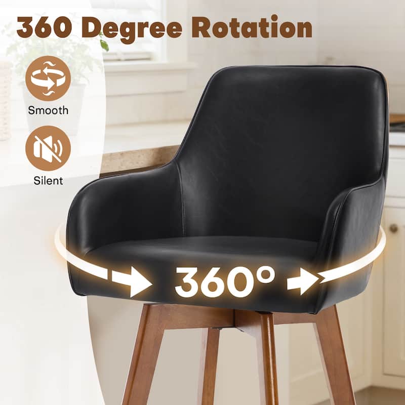 25 Inch Upholstered Swivel Counter Height Bar Stool with Armrests, Solid Wood Legs - 23.6"W x 22.4"D x 40.2"H