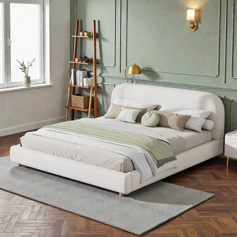 Upholstered Platform Bed with Curved Thick Headboard and Solid Wood Legs, Modern Fabric Bed Frame No Box Spring