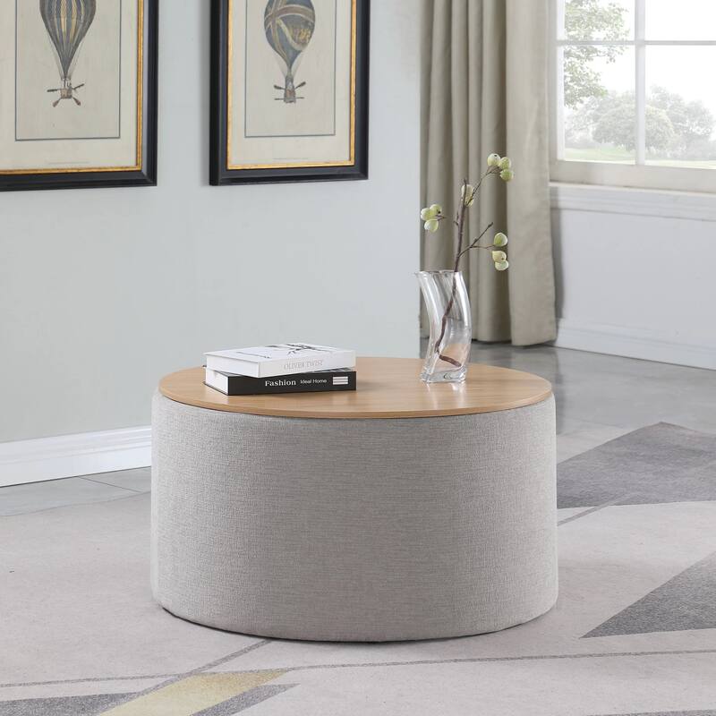 HomePop Round Storage Ottoman table with Wood Top